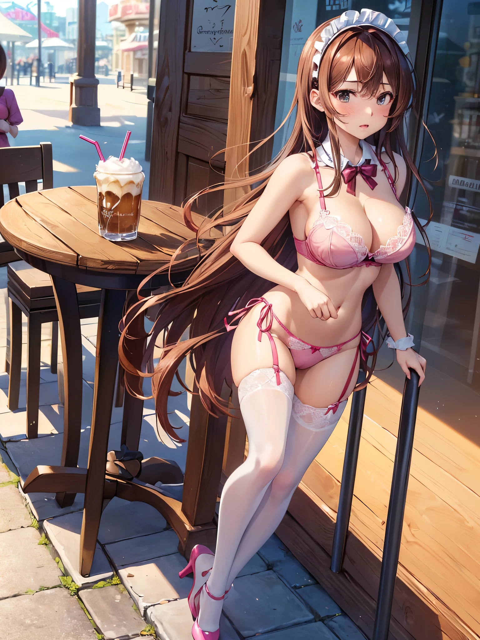 (((masterpiece, Highest quality, High resolution, 超High resolution, Perfect Pixel, Depth of written boundary, 4K, RTTX 10.0))), Beautiful Anime Women, Beautiful art style, Anime characters, ((Smooth texture, Realistic texture, Anime CG Style)), Exact finger count、Exact number of legs、(Exact number of arms:1.0, Exact number of hands:1.0), (Perfect hands, Perfect Anatomy), Cinematic, Realistic, Extremely detailed CG, Daytime lighting, Perfect lighting, Best Shadow, The best natural light, whole body, Perfect body, バランのとれたPerfect body, Perfectly balanced style, (Slender body:1.2), ((Long Hair, bangs, Reddish brown hair, Stylish hairstyle)), ((A cute woman is walking sexy:1.6)), ((Bow tie around neck, High heels:1.3), (Sexy and cute dark pink underwear:1.3), (Stylish shiny dark pink satin panties, Side-tie panties, Panties with a plain dark pink center and lace decoration on the sides:1.3), (Thin panties:1.3), (Dark pink micro lace satin bra, Lace-trimmed bra, Thin bra:1.3), (garter belt, Knee socks:1.3):1.3), (beautiful and very large breasts, Cleavage:1.1), Feeling embarrassed, (blush:1.2), (Very embarrassed look:1.4), (Stylish cafe, amusement park, Carry drinks, A busy store, Chair, table, Outdoor:1.3), naked, In underwear, Waitress in underwear, (Frilly maid-like headband:1.2), whole body, Angle from the front, chizuru