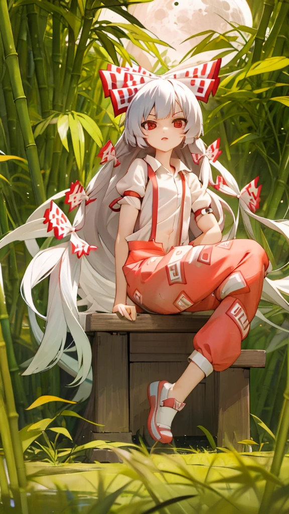 Fujiwara no Mokou(From desire) In the bamboo forest. She has a big . She has white hair, Red eyes. She is wearing a white shirt, sit, night, moon, Hair Ribbon, Perfect Anatomy