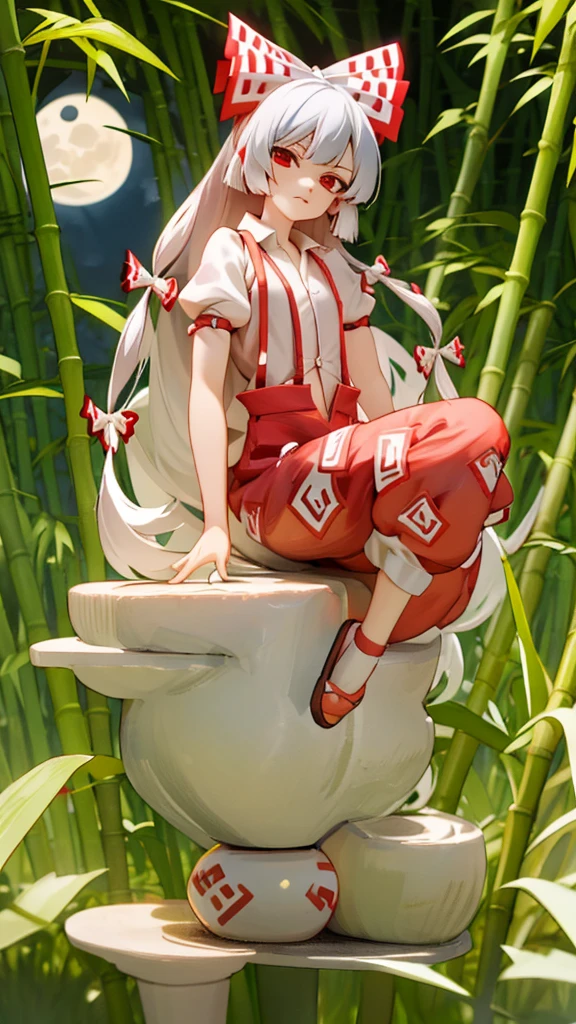 Fujiwara no Mokou(From desire) In the bamboo forest. She has a big . She has white hair, Red eyes. She is wearing a white shirt, sit, night, moon, Hair Ribbon, Perfect Anatomy