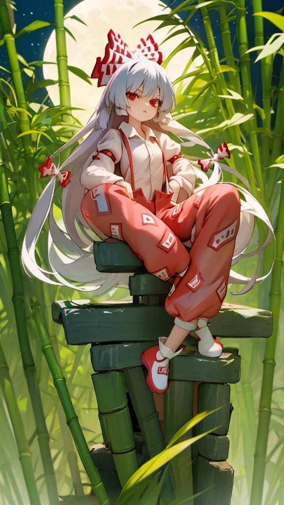 Fujiwara no Mokou(From desire) In the bamboo forest. She has a big . She has white hair, Red eyes. She is wearing a white shirt, sit, night, moon, Hair Ribbon, Perfect Anatomy