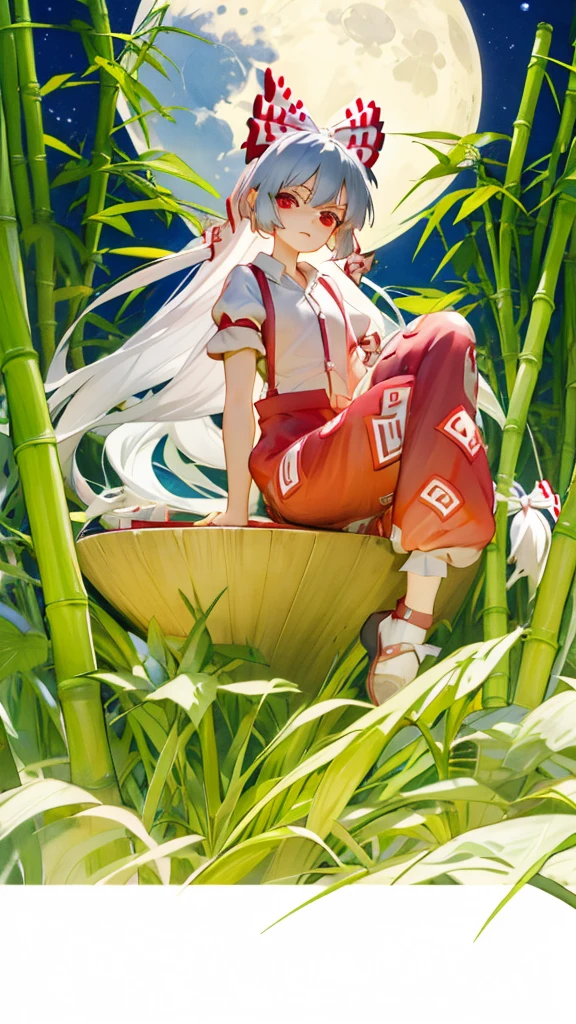 Fujiwara no Mokou(From desire) In the bamboo forest. She has a big . She has white hair, Red eyes. She is wearing a white shirt, sit, night, moon, Hair Ribbon, Perfect Anatomy