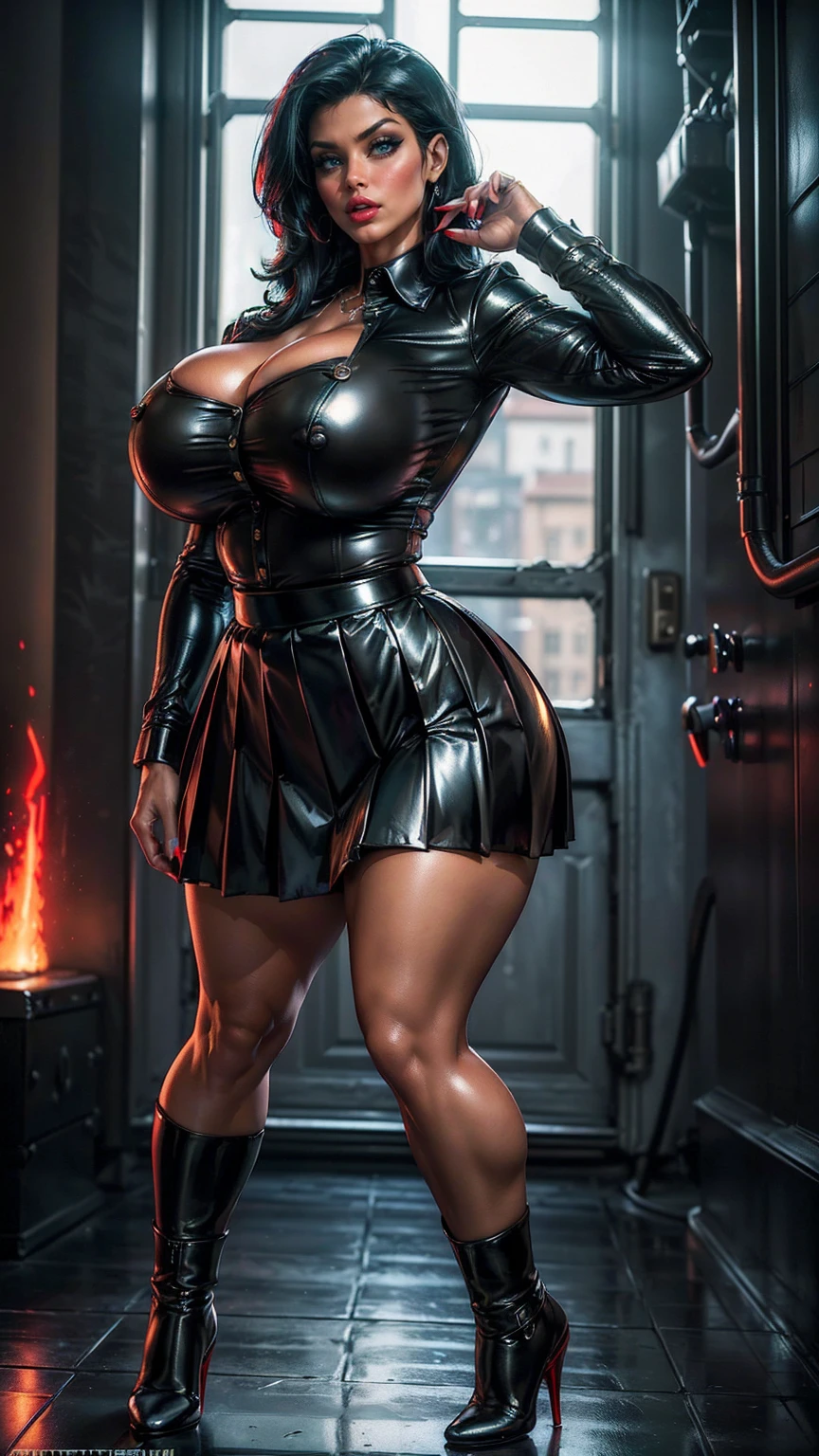 (masterpiece, Top quality, best quality, official art, beautiful and aesthetic: 1.2), ((curvy thicc mature Denise Milani:1.3)), ((black leather long-sleeved formal army shirt, buttoned up:1.5)), ((long black leather pleated skirt:1.5)), ((short, straight jet-black hair:1.4)), (tiny waist), ((thicc, thick thighs:1.5)), ((beautiful large green eyes):1.3), (intimidating pose in a boxing ring), (full-body portrait), (vivid colors), (metallic textures), (hot red lips, makeup:1.3), sexy fighter, prominent breasts, rock solid breasts, missile shaped breasts that defy gravity, (full body portrait:1.3), big_boltedontits, boltedontits, sakimichan, th3p1t,