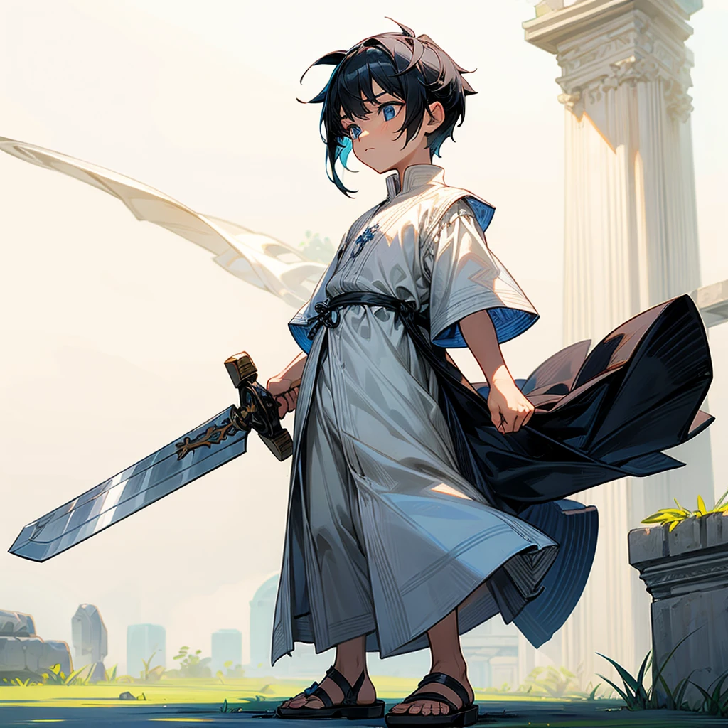 1little boys, Full body version, blue eyes, undercut hair, black colour hair, plain full white tunic Ancient Roman clothing, short sleeve shirt, gladiator sandals, plain sword in hand, Grassroots background
