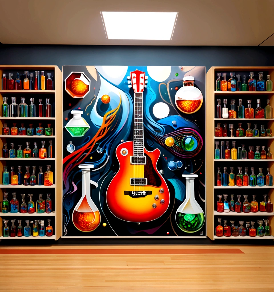 Masterpiece; Guitars and drums in a small science lab(((several science bottles around the room))); (guitars and musical keyboards inside science bottles) World map on the wall. sciencie complete with speakers and glass flasks of chemistry, embody the resilience and tenacity of the scientific community, infused with a bold graphic allure that enlivens the spirit of science. The design penetrates layers of depth, integrating the raw essence and vibrant cores of Rio de Janeiro culture. Brushstrokes that incorporate the fluid energy of graffiti on guitars and acoustic guitars weave around dynamic geometric shapes, adorning the laboratories with an evocative masterpiece that speaks to the heart of the intersection between two diverse worlds. Majestically rendered in high definition and vibrant color, every detail bursts with life, inviting viewers to marvel at the beauty that; by Monet