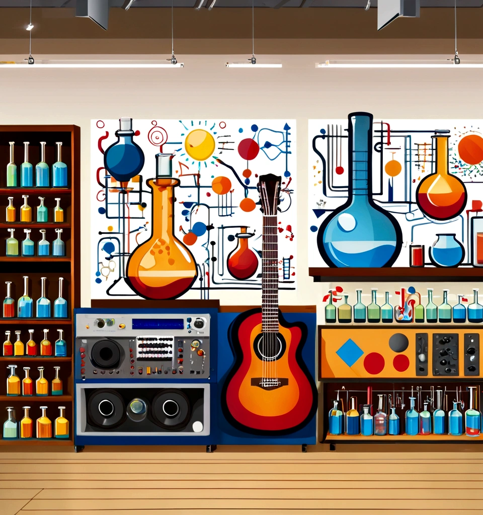 Masterpiece; Guitars and drums in a small science lab(((several science bottles around the room))); (guitars and musical keyboards inside science bottles) World map on the wall. sciencie complete with speakers and glass flasks of chemistry, embody the resilience and tenacity of the scientific community, infused with a bold graphic allure that enlivens the spirit of science. The design penetrates layers of depth, integrating the raw essence and vibrant cores of Rio de Janeiro culture. Brushstrokes that incorporate the fluid energy of graffiti on guitars and acoustic guitars weave around dynamic geometric shapes, adorning the laboratories with an evocative masterpiece that speaks to the heart of the intersection between two diverse worlds. Majestically rendered in high definition and vibrant color, every detail bursts with life, inviting viewers to marvel at the beauty that; by Monet