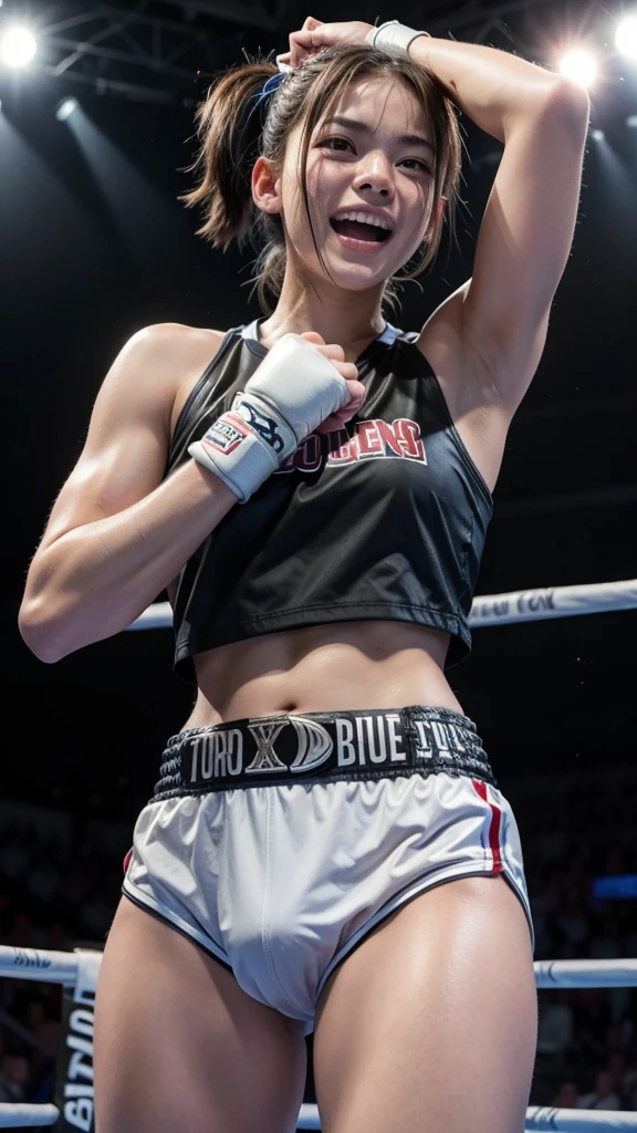 Tomboy boxer celebrating after a victory and winning the belt