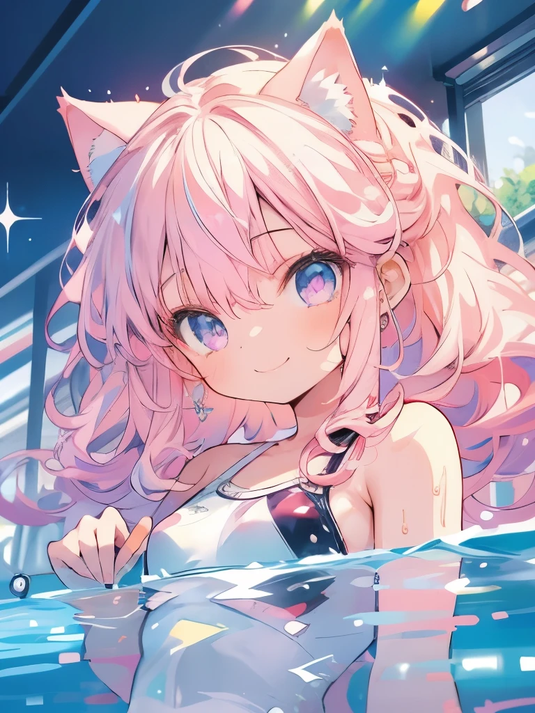 masterpiece、Girl about 5 、Light pink hair、Long Hair、Sparkling eyes、Cat ear、smile、Swimwear、Pool、bright、Floating Ring