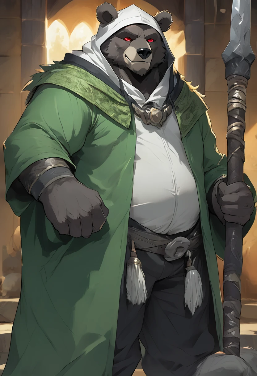 anthro, kemono, male, solo, ((round face, very plump face, thick beard)), (((dark beard))), ((endomorph body type, old-aged)), ((green bear, bear) fluffy fur, fluffy), (at old ruin, dungeons), bokeh, (high quality, highres, masterpiece), (dynamic lighting, vivid color), (generous smile), (face focus), front view (close up), cartoon, (((green bear))), (((green fur))), green hair, beard, white eyebrows, bald, detailed red eyes, tall, steel mage staff, magic, (black t-shirt inside), (((white robe coat with hood))), by zixiong, by takemoto arashi, by zixiong, (by null-ghost:0.8), (by t.y.stars:0.4),