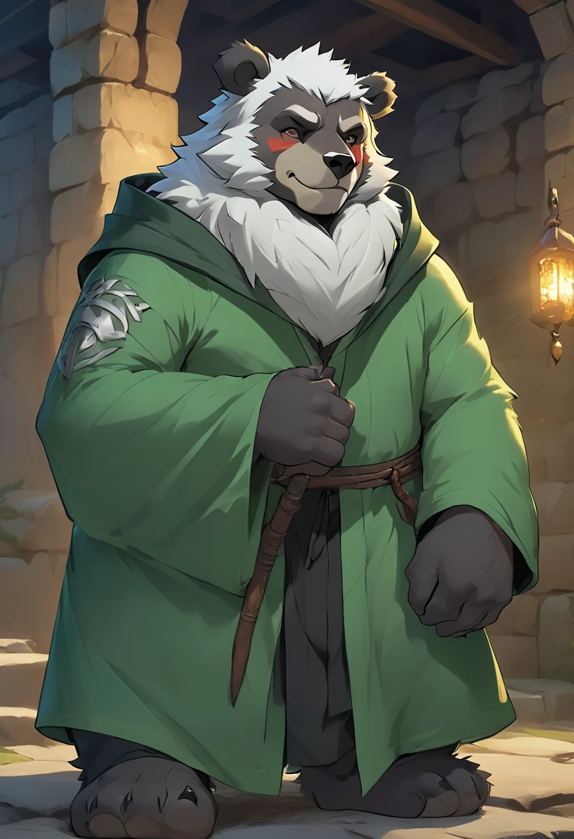 anthro, kemono, male, solo, ((round face, very plump face, thick beard)), (((dark beard))), ((endomorph body type, old-aged)), ((green bear, bear) fluffy fur, fluffy), (at old ruin, dungeons), bokeh, (high quality, highres, masterpiece), (dynamic lighting, vivid color), (generous smile), (face focus), front view (close up), cartoon, (((green bear))), (((green fur))), green hair, beard, white eyebrows, bald, detailed red eyes, tall, steel mage staff, magic, (black t-shirt inside), (((white robe coat with hood))), by zixiong, by takemoto arashi, by zixiong, (by null-ghost:0.8), (by t.y.stars:0.4),