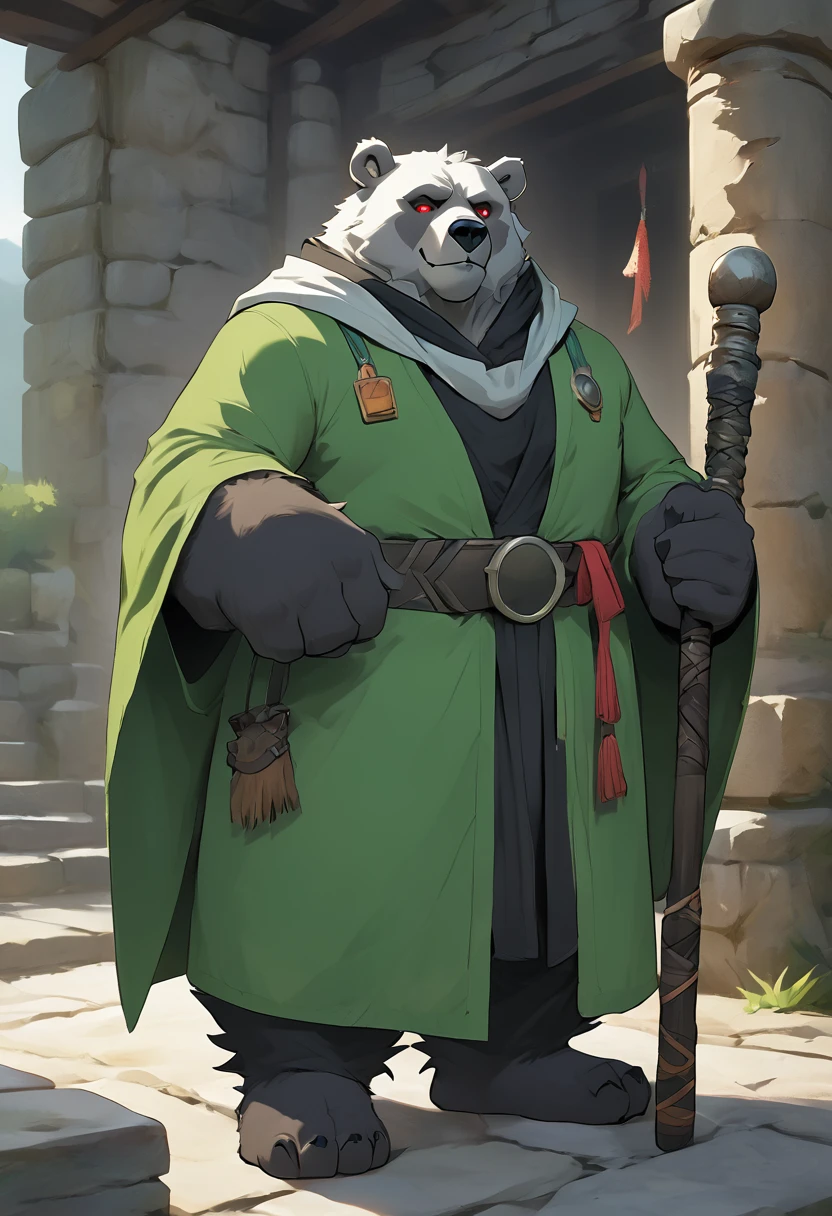 anthro, kemono, male, solo, ((round face, very plump face, thick beard)), (((dark beard))), ((endomorph body type, old-aged)), ((green bear, bear) fluffy fur, fluffy), (at old ruin, dungeons), bokeh, (high quality, highres, masterpiece), (dynamic lighting, vivid color), (generous smile), (face focus), front view (close up), cartoon, (((green bear))), (((green fur))), green hair, beard, white eyebrows, bald, detailed red eyes, tall, steel mage staff, magic, (black t-shirt inside), (((white robe coat with hood))), by zixiong, by takemoto arashi, by zixiong, (by null-ghost:0.8), (by t.y.stars:0.4),