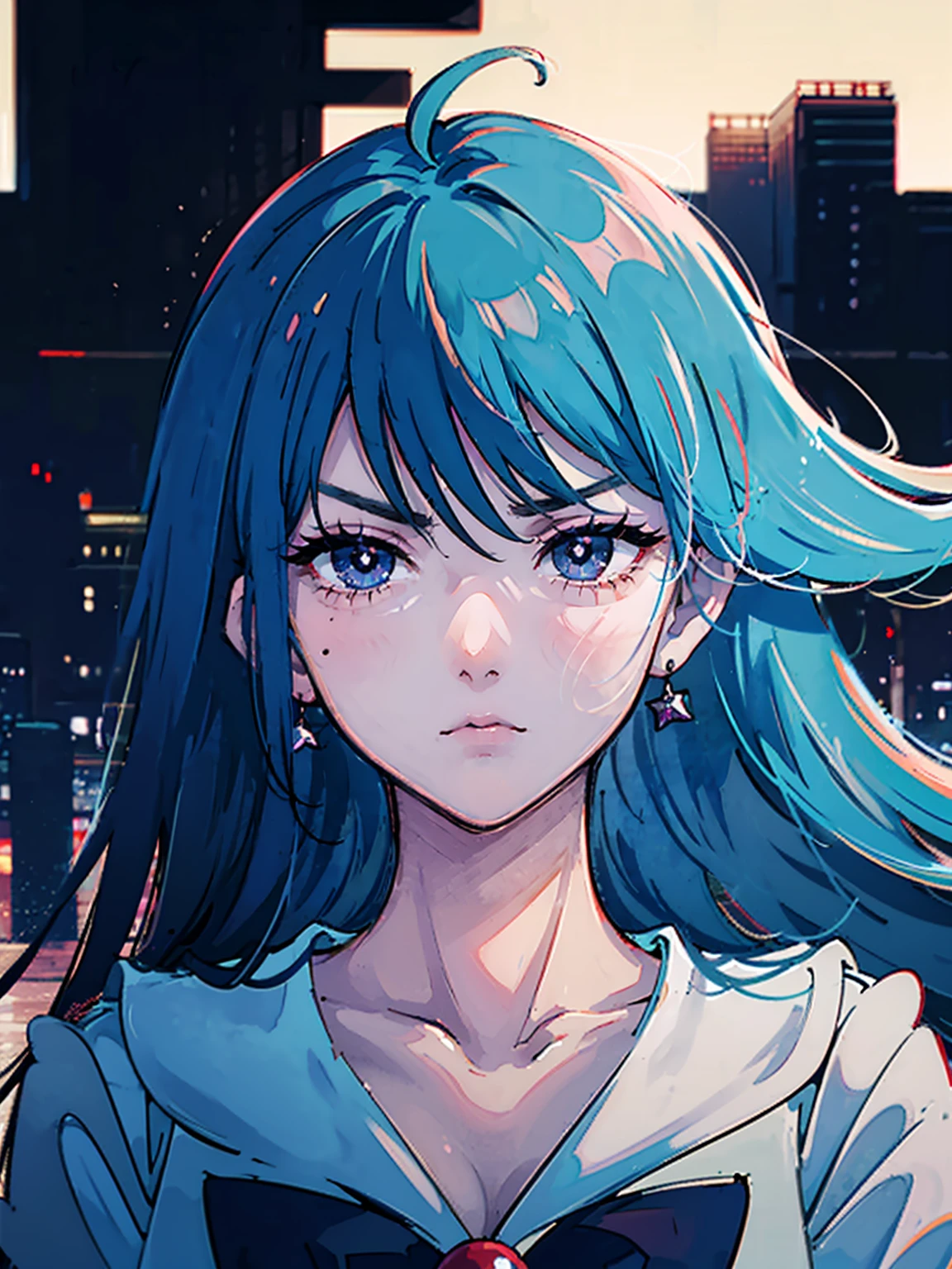 dark, masterpiece, Highest quality, 8K、Sailor Mars Red Collar, (Unhealthy face:1.9, Dark Eyes:1.5, Dark circles under the eyes, Yandere:1.5, Unhappy face, Lifeless face), Long hair in the eyes, Long Bangs, Eyes through the bangs, Big eyes, Turquoise Eyes, Bust Shot, Dark atmosphere