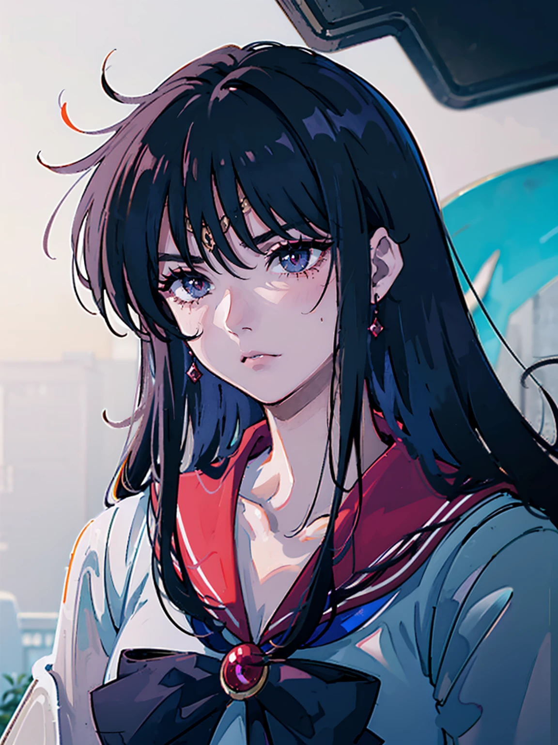 dark, masterpiece, Highest quality, 8K、Sailor Mars Red Collar, (Unhealthy face:1.9, Dark Eyes:1.5, Dark circles under the eyes, Yandere:1.5, Unhappy face, Lifeless face), Long hair in the eyes, Long Bangs, Eyes through the bangs, Big eyes,　Turquoise Eyes, Bust Shot, Dark atmosphere
