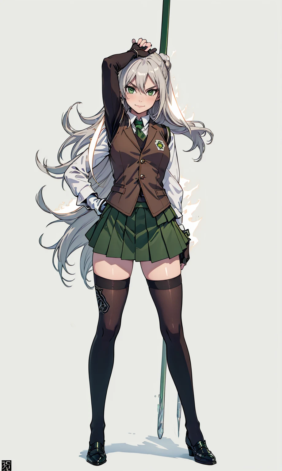 最high quality、Ultra High Definition, Ultra High Quality, Hyper Definition, Hyper Quality, Hyper Detailed, Extremely Detailed, Perfectly Detailed, Best image quality、masterpiece、woman((20-year-old、super dynamic pose , legs bent at the knees, Green solid eyes, Silver long Hair、Disheveled Hair、Long White Hair、thin,Fingerless Glove、Green Skirt, Tights, Smirk、Brown School Vest , Dressed in school)),high quality、Beautiful art、background((Inside the mansion))、Written boundary depth、  movie、Visual Arts、Perfect art、8K,Genuine、