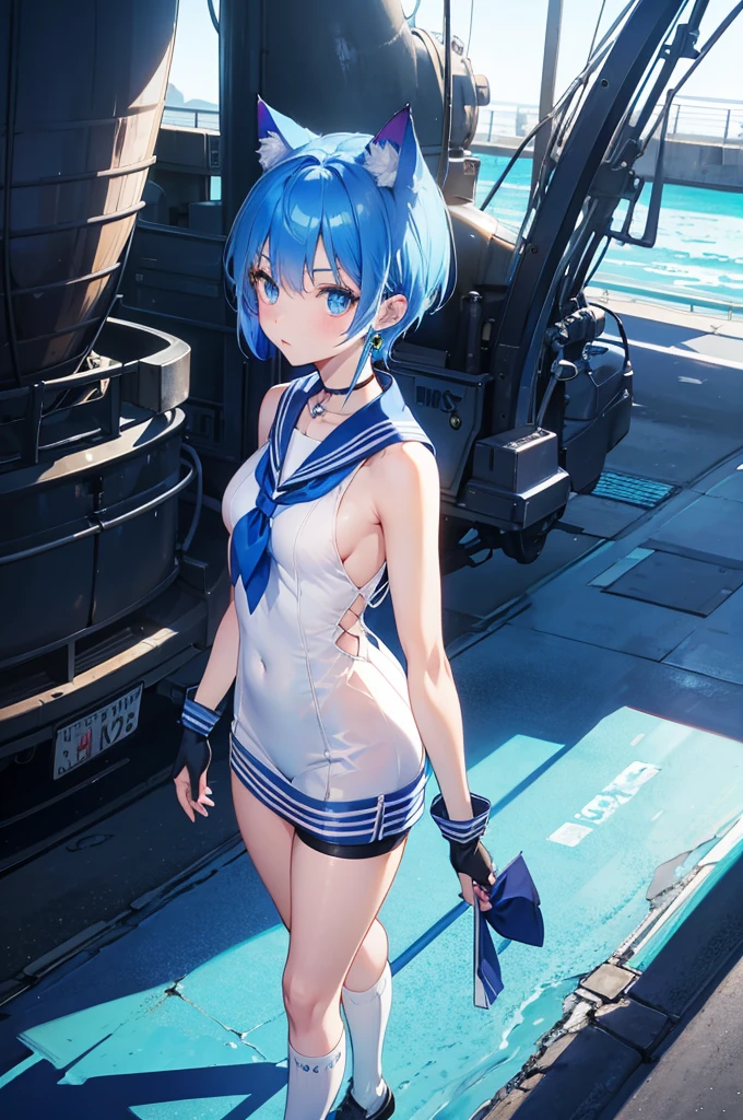 Blue Hair blue eyes Short Hair hat student Cat ear cool Long socks Blue Earrings necklace gloves Beauty slender Sailor suit Fantasy Backlight