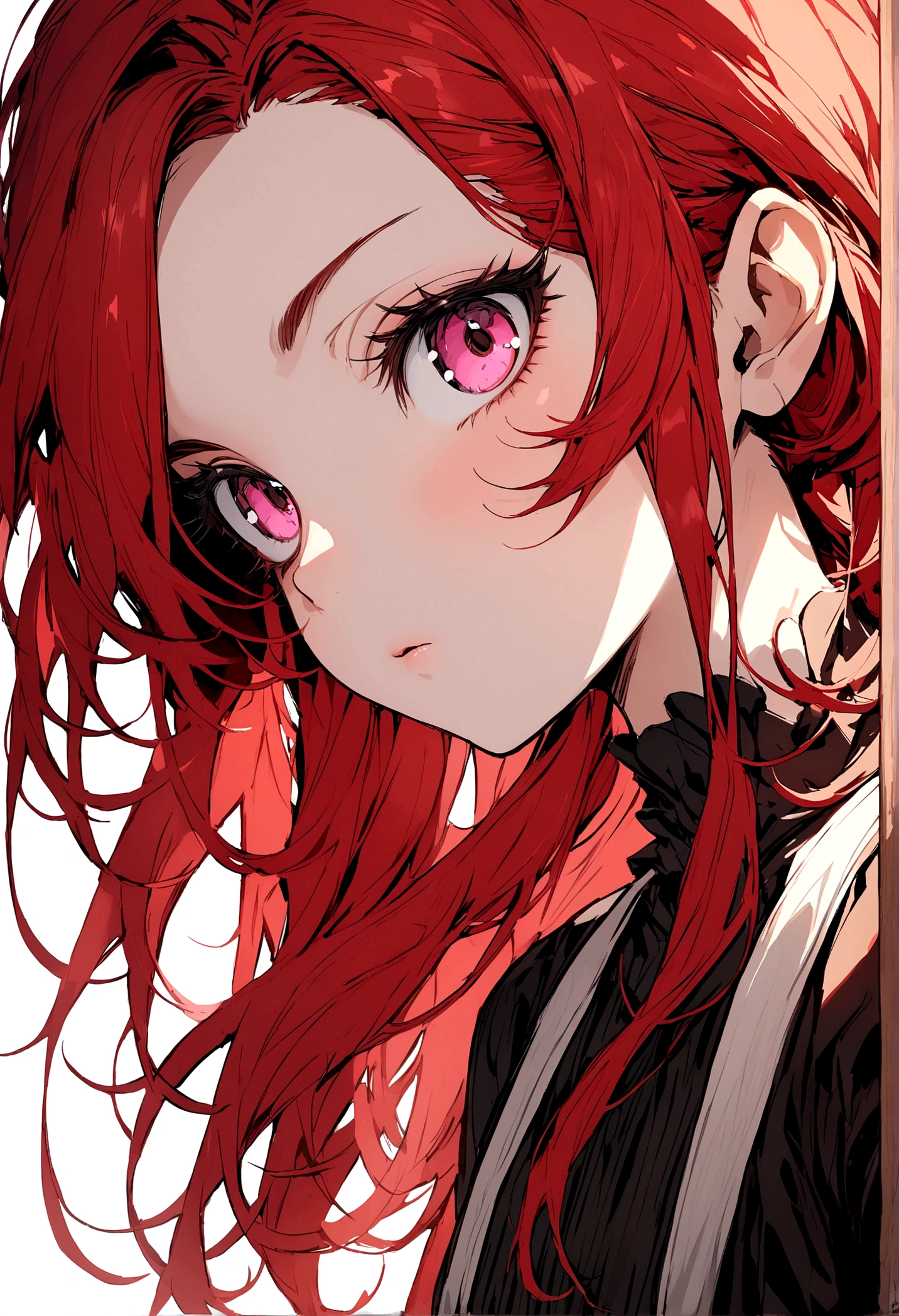 Beautiful youth,Red Hair,Shoulder-length hair,Pink Eyes,Long eyelashes,A well-trained body,