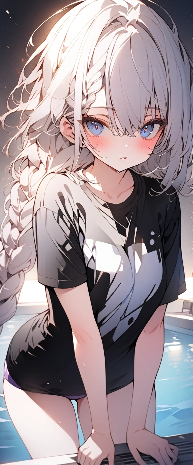 beautiful, masterpiece, Highest quality, anime, One girl,Portrait Shot, View your viewers, Covered、Long Hair、nearby、Blue Eyes、art、White hair,black streaked hair, dark atmosphere、Thighs、Braid、T-Shirts、Light purple bikini、、Pool