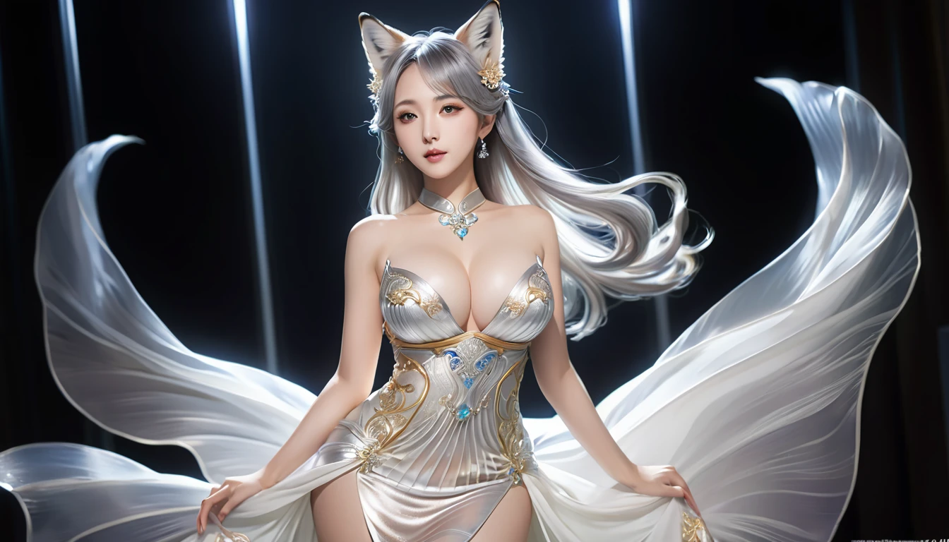 Woman in transparent dress,Viewer,(((Huge breasts, Keeley University))),Slim waist,(Navel exposed,Bare waist), Long hair, extreme detailed details,High-end real site, Heavy rain scene, Detailed fantasy art, Stunning character art, Beautiful and exquisite character art, Beautiful gold and silver dress, Very detailed, Girl in shiny cheongsam, Exquisite headpieces and jewellery,Crystal jewelry filigree, galaxy, Stunning visuals, (Dynamic Stripes, light rail:1.2), Vibrant colors,Long hair动漫女孩和fox, Beautiful platinum fox lady, 白毛fox, Beautiful character painting, Beautiful anime portrait, fox耳朵的女孩, a beautiful fox woman, Mystical artwork, Guweiz, by Ren Renfa, fox, Large Breasts，Full breasts，Golden ratio figure，Perfect body，Ultra wide-angle shooting，Full body shot，Body close-up，Full body shot，Look at the audience，穿着薄纱Pleated Skirt，Soft anime illustration, Soft dark background，Fujifilm XT3 Clear focus, f 5.6, High Detail, Clear focus, Dramatic, (Wearing openwork clothing), (Looking at the audience:1.8), (Natural light), (Tempting)translucent, Good velvet quality, Compared, Divine Light,, Silver gray hair, Sky background, Absolute Strength,Female angels，Girl in sexy silk,，Large Breasts，Full breasts，Golden ratio figure，Perfect body，Ultra wide-angle shooting，Full body shot，Body close-up，Full body shot，Look at the audience，, 穿着薄纱Pleated Skirt, Model shooting style, Large Breasts，Full breasts，Golden ratio figure，Perfect body，(Extremely detailed CG 8k wallpaper unit), The most beautiful artistic photos in the world, , 8K Ultra HD, soft light, high quality, Film Grain, Fujifilm XT3 Clear focus, f 5.6, High Detail, Clear focus, Dramatic, (Wearing openwork clothing), (Looking at the audience:1.8), (Natural light), (Tempting) Lying on your side in bed，Lazy gesture，Charming and seductive expression，best quality,masterpiece,Ultra-high resolution,(Practical:1.4),original photo,Ultra-high resolution，8K，There was a woman，White skin，Exquisite makeup，Big Wave，Pleated Skirt，High heel，Long legs，Bright beautiful eyes，用浅色眼影打造Exquisite makeup，