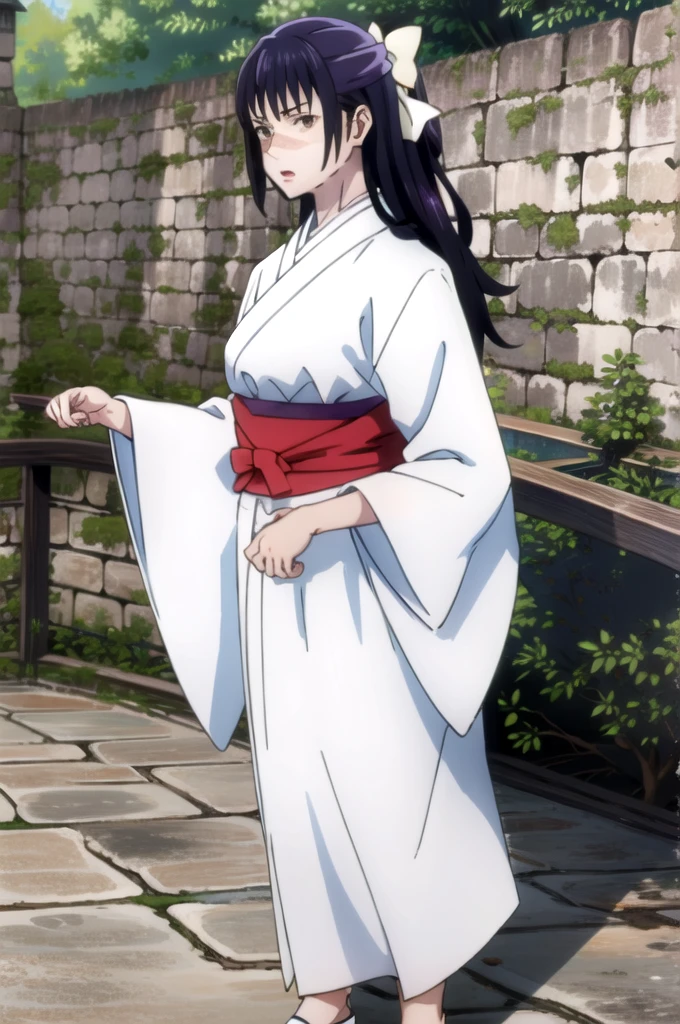 (tall body, tall, long legs, mature female, mature, adult:1.2), eft_jjk_utahime, 1girl, solo, brown eyes, japanese clothes, looking at viewer, open mouth, long hair, scar, bow, outdoors, white bow, tree, parody, scar on face, hair bow, kimono, white kimono, bangs, upper body, purple hair