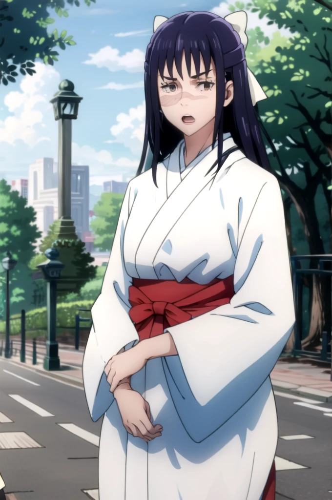(tall body, tall, long legs, mature female, mature, adult:1.2), eft_jjk_utahime, 1girl, solo, brown eyes, japanese clothes, looking at viewer, open mouth, long hair, scar, bow, outdoors, white bow, tree, parody, scar on face, hair bow, kimono, white kimono, bangs, upper body, purple hair