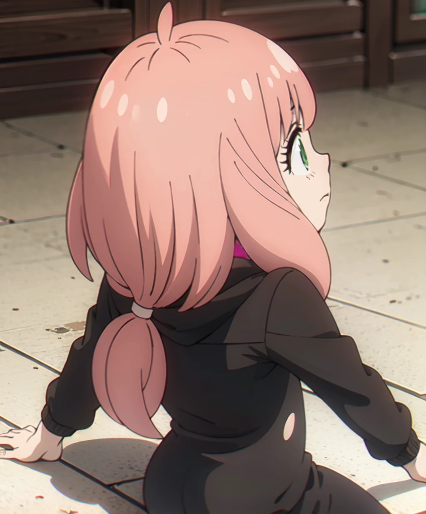 female, (Detailed face), (solo:1.1), [(thin:1.1) : small : (Anya Forger \(\Spy X Family\):1.2):4], (Detailed face), (more details, detailed background:1.1), bangs, bedroom floor, (top:1.1),Evil makeup, (eropose, all fours, from behind)