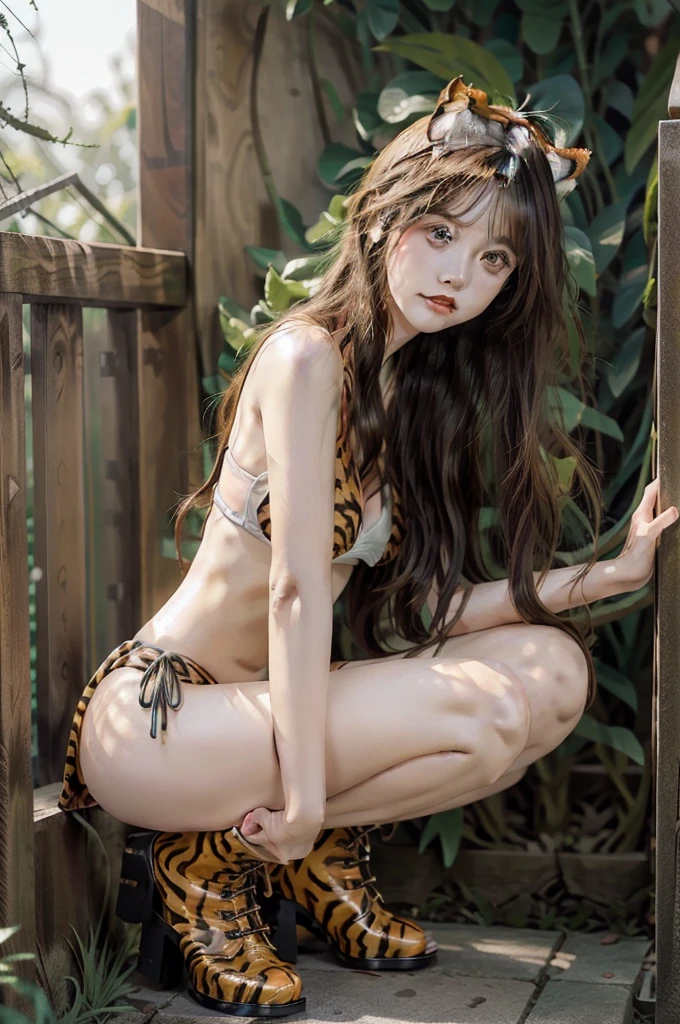 Lum、hair(green、long hair、Two demon horns)、Slender、bikini(Tiger print)、boots(Tiger print)、Big eyes、Slanted Eyes、cute、high quality、high resolution、Real