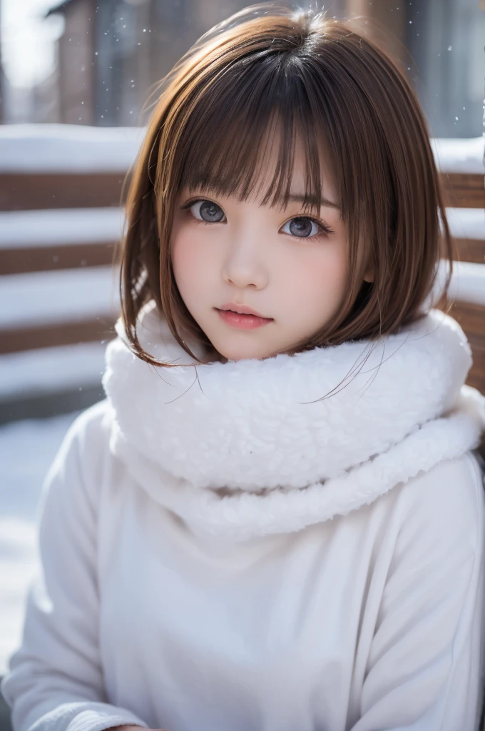 Tabletop, Highest quality, One girl, (Beautiful girl, cute:1.3), (s old:1.3), Very fine grain definition, (Symmetrical eyes:1.3), (Snow Scene), (girls fashion winter:1.3), Small breasts, Brown eyes, Parted bangs, Brown Hair,  girl