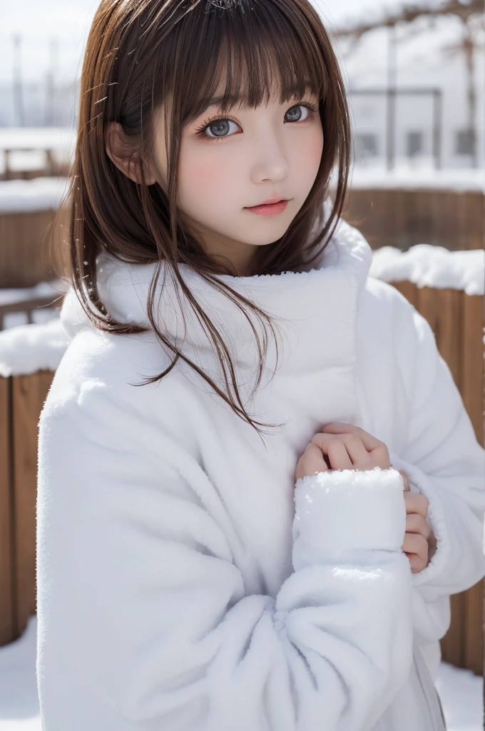 Tabletop, Highest quality, One girl, (Beautiful girl, cute:1.3), (15 years old:1.3), Very fine grain definition, (Symmetrical eyes:1.3), (Snow Scene), (girls fashion winter:1.3), Small breasts, Brown eyes, Parted bangs, Brown Hair,  girl