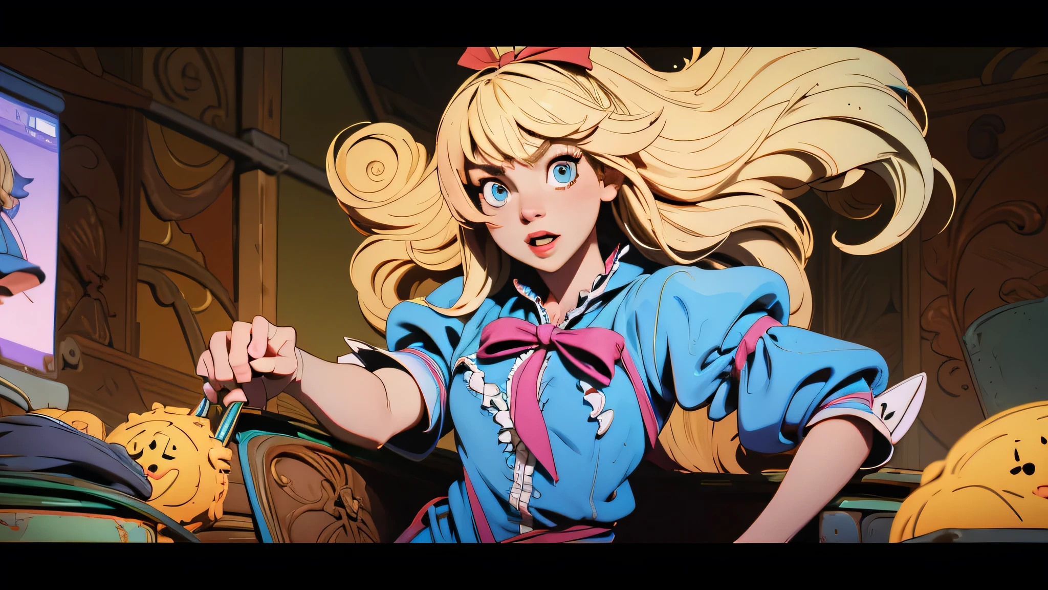 Make a thumbnail for YouTube of a video about Alice in Wonderland, make Alice blonde