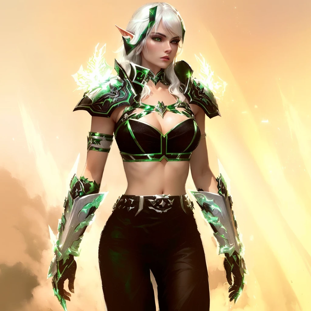 there is a woman with a white hair and a green and black outfit, a blonde emerald warrior, clothed in ethereal battle armor, sleek glowing armor, alluring mesmer woman, wearing shiny breastplate, sleek bright white armor, fantasy outfit, from guild wars, warrior outfit, dressed like a cleric, sleek white armor, female elf, wearing sleek armor