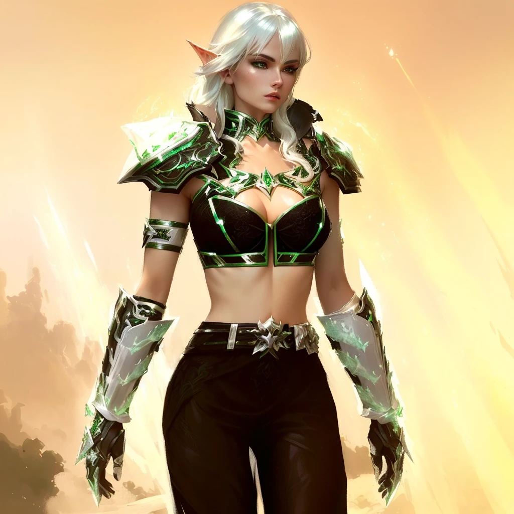 there is a woman with a white hair and a green and black outfit, a blonde emerald warrior, clothed in ethereal battle armor, sleek glowing armor, alluring mesmer woman, wearing shiny breastplate, sleek bright white armor, fantasy outfit, from guild wars, warrior outfit, dressed like a cleric, sleek white armor, female elf, wearing sleek armor