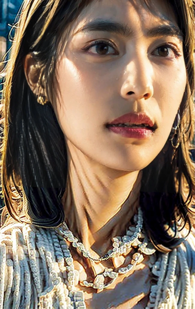 (photography:1.3, 16K, best quality, masterpiece, Ultra-high resolution), Perfect dynamic composition:1.2, Very detailedな肌と顔の質感:1.2, covered in wounds:1.2, (Post-apocalyptic world:1.0, In stark contrast to the desolate background:1.0, Adding destructive elements:1.0, There are debris and impurities scattered around:1.0), (Dynamic poses:1.0, 专业photography工作:1.0, Aim the gun at you:1.0), Very detailed, Beautiful Japanese women serving in the United States, Ultra-thin body, White skin, Very beautiful face, Smiling emoticon, Riding a cool motorcycle,(Automatic Rifle:1.0, White vest:0.5, torn military uniform:1.0, Backpack:0.5, boots:0.5), Full breasts, Chest space, Big eyes that exude beauty, Lips that radiate beauty, Cowboy shooting, necklace, earrings, bracelet, Tattoo,