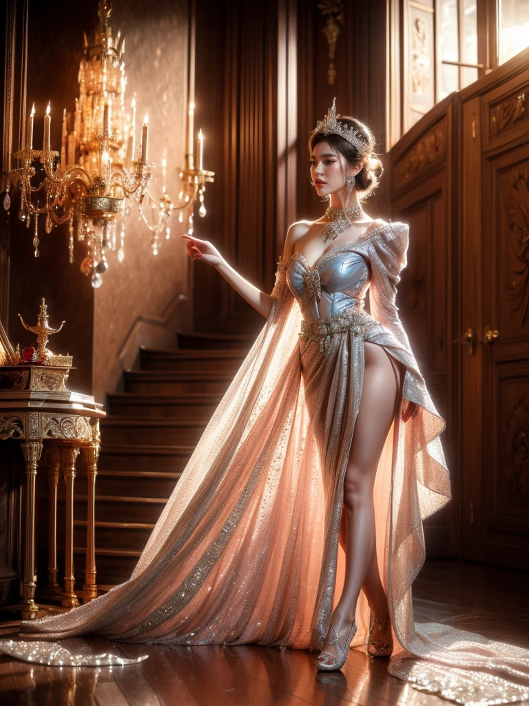 "Wanjai" channels the timeless elegance of a fairy tale princess as she cosplays the iconic Cinderella in a grand palace setting. She wears an exquisite ball gown featuring a fitted bodice encrusted with iridescent crystals and pearls that glimmer like delicate dewdrops. The full skirt fans out in a sumptuous sea of azure blue fabric accented with darker shades of midnight. Sheer puff sleeves and a dainty choker necklace add romantic touches to the look. On her feet, Wanjai wears the unmistakable glass slippers - their transparent crystals catching the light with every delicate step.
Her blonde tresses are swept up in an elegant updo adorned with a delicate crystal headpiece. Wanjai's makeup is soft and youthful with just a touch of pink blush on her cheeks. The majestic setting is a palace ballroom with soaring carved ceilings, ornate crystal chandeliers, and intricately patterned marble floors. Wanjai stands in the center, striking a graceful pose with one foot slightly poised as if frozen in a waltz. The open window behind her reveals a dusky rose-hued sky and grounds accented with sculpted hedges and fountains. (Cinderella ball gown: 1.5), (glass slipper prop: 1.4), (updo with crystal headpiece: 1.3), (ornate palace ballroom: 1.5), (graceful poised pose: 1.4), (romantic dusky sky: 1.2).
