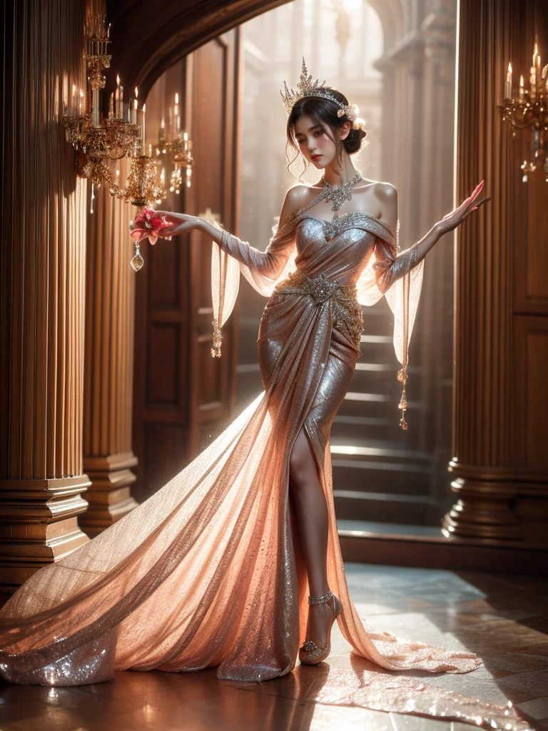 "Wanjai" channels the timeless elegance of a fairy tale princess as she cosplays the iconic Cinderella in a grand palace setting. She wears an exquisite ball gown featuring a fitted bodice encrusted with iridescent crystals and pearls that glimmer like delicate dewdrops. The full skirt fans out in a sumptuous sea of azure blue fabric accented with darker shades of midnight. Sheer puff sleeves and a dainty choker necklace add romantic touches to the look. On her feet, Wanjai wears the unmistakable glass slippers - their transparent crystals catching the light with every delicate step.
Her blonde tresses are swept up in an elegant updo adorned with a delicate crystal headpiece. Wanjai's makeup is soft and youthful with just a touch of pink blush on her cheeks. The majestic setting is a palace ballroom with soaring carved ceilings, ornate crystal chandeliers, and intricately patterned marble floors. Wanjai stands in the center, striking a graceful pose with one foot slightly poised as if frozen in a waltz. The open window behind her reveals a dusky rose-hued sky and grounds accented with sculpted hedges and fountains. (Cinderella ball gown: 1.5), (glass slipper prop: 1.4), (updo with crystal headpiece: 1.3), (ornate palace ballroom: 1.5), (graceful poised pose: 1.4), (romantic dusky sky: 1.2).