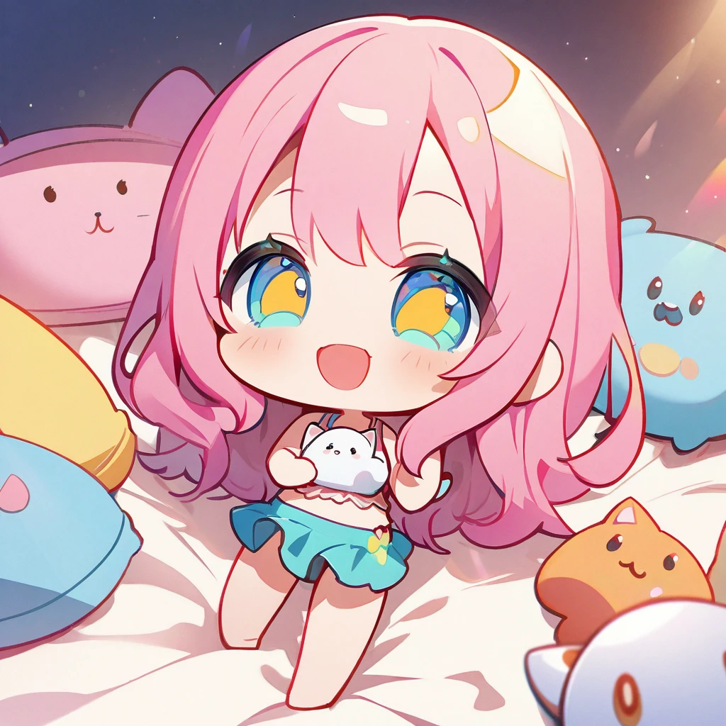 masterpiece、Highest quality、Depth of subject、((2D illustration))、1 beautiful girl、((colorful))、(((chibi style)))、((Long, beautiful hair))、Bright pink hair、ribbon、cute、Beautifully detailed eyes、Tank top、((mini skirt))、(((vivid color))、((bed))、stuffed toy、((medium shot))、((Very happy face))、((Holding a kitten))、((There&#39;s a lot of pink around))、((Lens flare))、White light is shining、Sunbeam、My whole body was filled with light、Cinematic lighting、Full body lighting