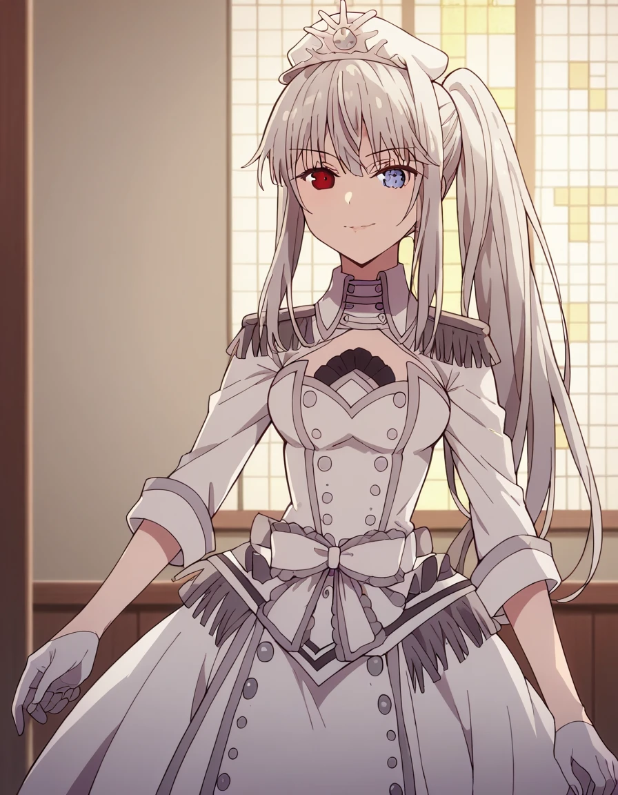 check_9, check_8_up, check_7_up, source_Anime,
The White Queen, The White Queen, long hair, bang, ponytail, White hair, heterochromia, Red eyes, Blue eyes,
gloves, long sleeves, It has, dress, a gift, frill, white gloves, white dress, white headdress, shoulder straps, half gloves,
in room, Class, Older, smile,
One, Dutch corner, Looking at the viewer, cowboy shot,