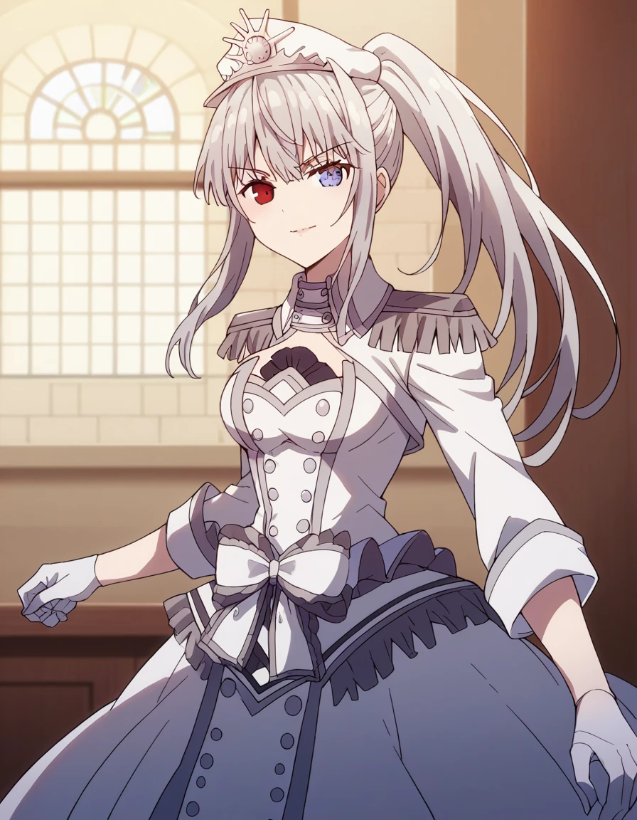 check_9, check_8_up, check_7_up, source_Anime,
The White Queen, The White Queen, long hair, bang, ponytail, White hair, heterochromia, Red eyes, Blue eyes,
gloves, long sleeves, It has, dress, a gift, frill, white gloves, white dress, white headdress, shoulder straps, half gloves,
in room, Class, Older, smile,
One, Dutch corner, Looking at the viewer, cowboy shot,