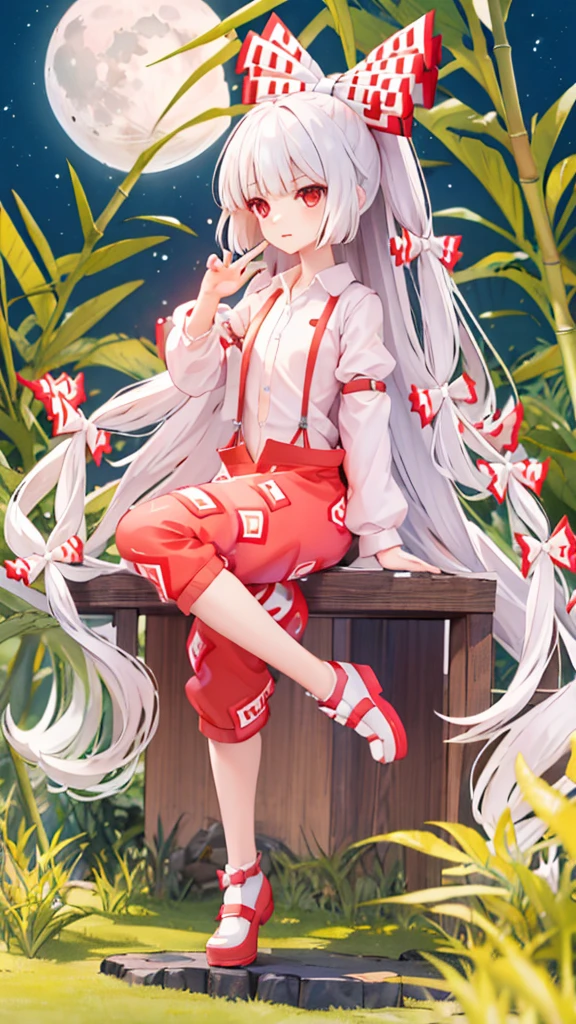 Fujiwara no Mokou(From desire) In the bamboo forest. She has a big . She has white hair, Red eyes. She is wearing a white shirt, sit, night, moon, Hair Ribbon, Perfect Anatomy