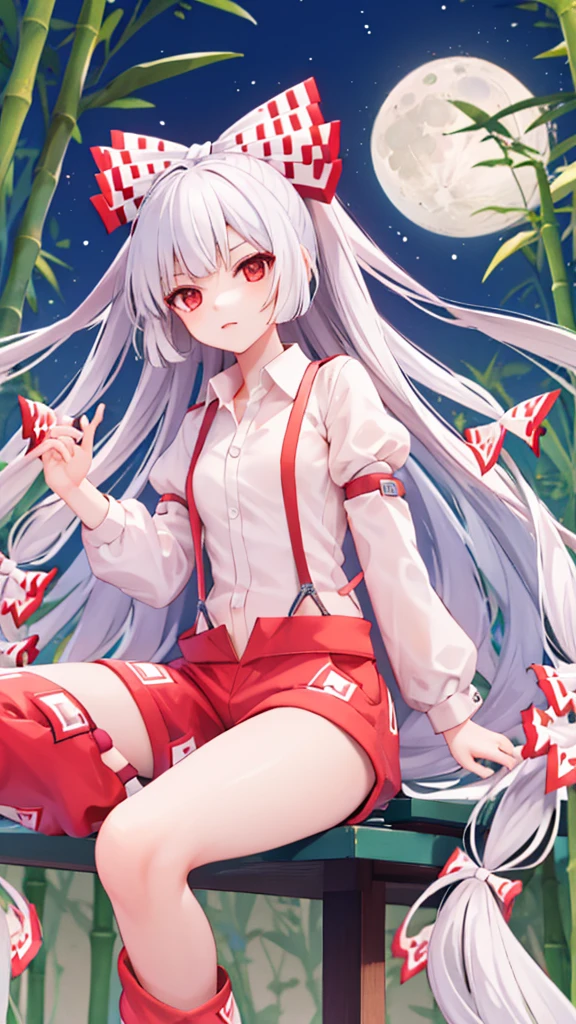 Fujiwara no Mokou(From desire) In the bamboo forest. She has a big . She has white hair, Red eyes. She is wearing a white shirt, sit, night, moon, Hair Ribbon, Perfect Anatomy