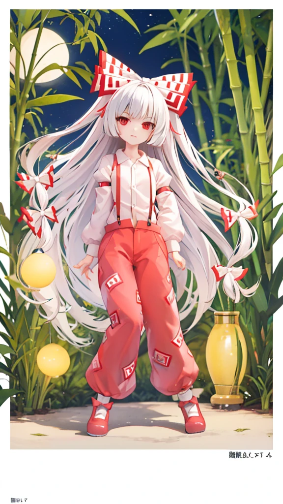 Fujiwara no Mokou(From desire) In the bamboo forest. She has a big . She has white hair, Red eyes. She is wearing a white shirt, sit, night, moon, Hair Ribbon, Perfect Anatomy