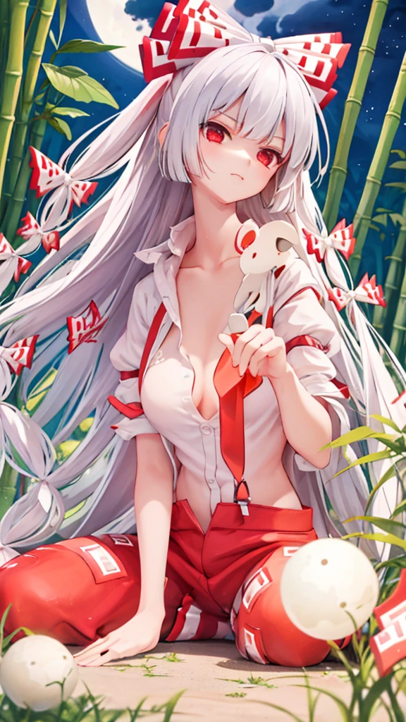 Fujiwara no Mokou(From desire) In the bamboo forest. She has a big . She has white hair, Red eyes. She is wearing a white shirt, sit, night, moon, Hair Ribbon, Perfect Anatomy