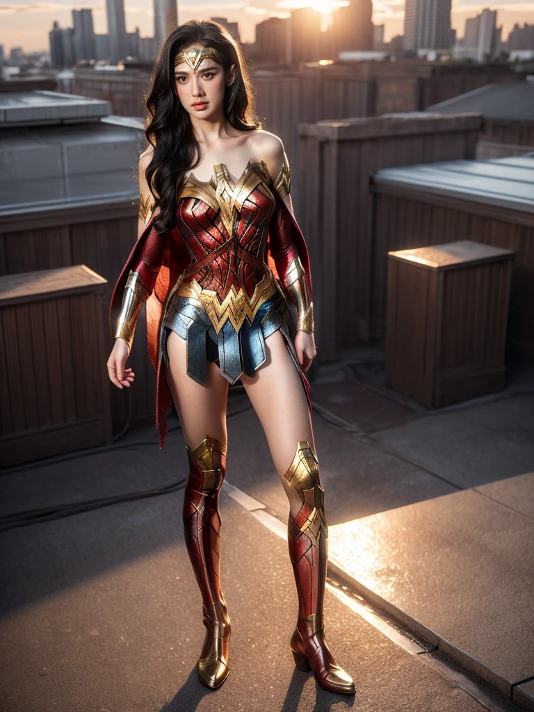 "Wanjai" seamlessly transforms into the iconic DC heroine Wonder Woman in a powerfully rendered cosplay photoshoot. She dons the character's famous costume - a metallic blue corset top emblazoned with the golden eagle emblem, and matching star-spangled shorts with a flowing crimson cape cascading behind her. Her toned arms and legs are adorned with Wonder Woman's signature red and gold accessories - bullet-deflecting cuffs, a golden lasso of truth slung across her torso, and knee-high metallic boots. Wanjai's raven tresses are styled in flawless waves swept over one shoulder.
The brave Amazonian princess strikes a heroic stance on the rooftop of a towering metropolitan skyscraper, the city skyline stretched out behind her. She stands with her feet planted apart, fists clenched defiantly at her sides as her cape ripples in the wind. The setting sun bathes her in golden rays, casting dramatic shadows across the concrete rooftop. Wanjai exudes the embodiment of truth, justice and unwavering strength through her intense, determined expression and powerful pose. (Wonder Woman costume: 1.5), (skyscraper rooftop: 1.4), (heroic powerful pose: 1.5), (windswept cape: 1.3), (golden hour lighting: 1.4), (cityscape backdrop: 1.2).