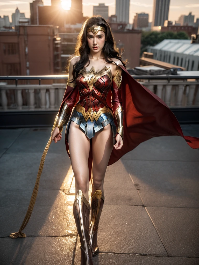 "Wanjai" seamlessly transforms into the iconic DC heroine Wonder Woman in a powerfully rendered cosplay photoshoot. She dons the character's famous costume - a metallic blue corset top emblazoned with the golden eagle emblem, and matching star-spangled shorts with a flowing crimson cape cascading behind her. Her toned arms and legs are adorned with Wonder Woman's signature red and gold accessories - bullet-deflecting cuffs, a golden lasso of truth slung across her torso, and knee-high metallic boots. Wanjai's raven tresses are styled in flawless waves swept over one shoulder.
The brave Amazonian princess strikes a heroic stance on the rooftop of a towering metropolitan skyscraper, the city skyline stretched out behind her. She stands with her feet planted apart, fists clenched defiantly at her sides as her cape ripples in the wind. The setting sun bathes her in golden rays, casting dramatic shadows across the concrete rooftop. Wanjai exudes the embodiment of truth, justice and unwavering strength through her intense, determined expression and powerful pose. (Wonder Woman costume: 1.5), (skyscraper rooftop: 1.4), (heroic powerful pose: 1.5), (windswept cape: 1.3), (golden hour lighting: 1.4), (cityscape backdrop: 1.2).