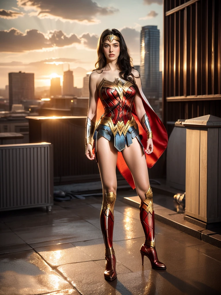 "Wanjai" seamlessly transforms into the iconic DC heroine Wonder Woman in a powerfully rendered cosplay photoshoot. She dons the character's famous costume - a metallic blue corset top emblazoned with the golden eagle emblem, and matching star-spangled shorts with a flowing crimson cape cascading behind her. Her toned arms and legs are adorned with Wonder Woman's signature red and gold accessories - bullet-deflecting cuffs, a golden lasso of truth slung across her torso, and knee-high metallic boots. Wanjai's raven tresses are styled in flawless waves swept over one shoulder.
The brave Amazonian princess strikes a heroic stance on the rooftop of a towering metropolitan skyscraper, the city skyline stretched out behind her. She stands with her feet planted apart, fists clenched defiantly at her sides as her cape ripples in the wind. The setting sun bathes her in golden rays, casting dramatic shadows across the concrete rooftop. Wanjai exudes the embodiment of truth, justice and unwavering strength through her intense, determined expression and powerful pose. (Wonder Woman costume: 1.5), (skyscraper rooftop: 1.4), (heroic powerful pose: 1.5), (windswept cape: 1.3), (golden hour lighting: 1.4), (cityscape backdrop: 1.2).