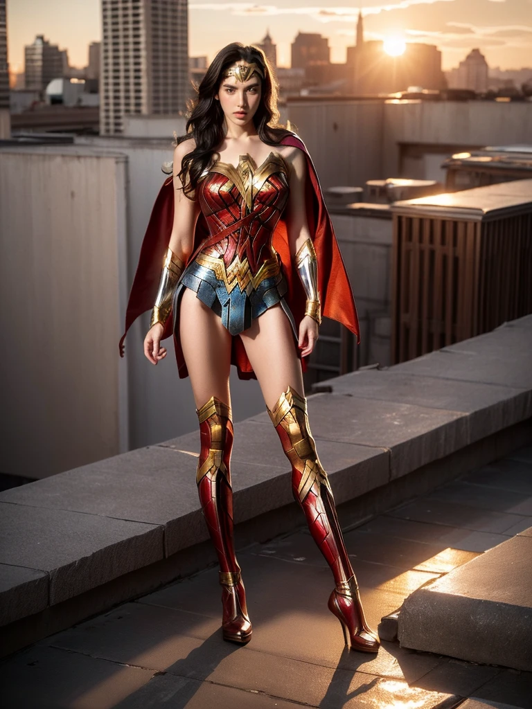 "Wanjai" seamlessly transforms into the iconic DC heroine Wonder Woman in a powerfully rendered cosplay photoshoot. She dons the character's famous costume - a metallic blue corset top emblazoned with the golden eagle emblem, and matching star-spangled shorts with a flowing crimson cape cascading behind her. Her toned arms and legs are adorned with Wonder Woman's signature red and gold accessories - bullet-deflecting cuffs, a golden lasso of truth slung across her torso, and knee-high metallic boots. Wanjai's raven tresses are styled in flawless waves swept over one shoulder.
The brave Amazonian princess strikes a heroic stance on the rooftop of a towering metropolitan skyscraper, the city skyline stretched out behind her. She stands with her feet planted apart, fists clenched defiantly at her sides as her cape ripples in the wind. The setting sun bathes her in golden rays, casting dramatic shadows across the concrete rooftop. Wanjai exudes the embodiment of truth, justice and unwavering strength through her intense, determined expression and powerful pose. (Wonder Woman costume: 1.5), (skyscraper rooftop: 1.4), (heroic powerful pose: 1.5), (windswept cape: 1.3), (golden hour lighting: 1.4), (cityscape backdrop: 1.2).