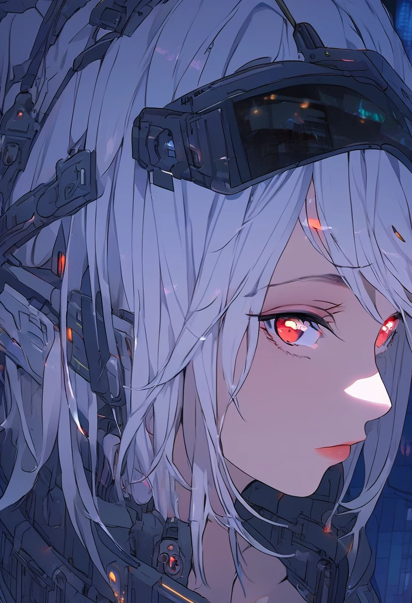 masterpiece , night , close up , beauty , white hair , red eyes  , cyberpunk , soft light , cyberpunk girl