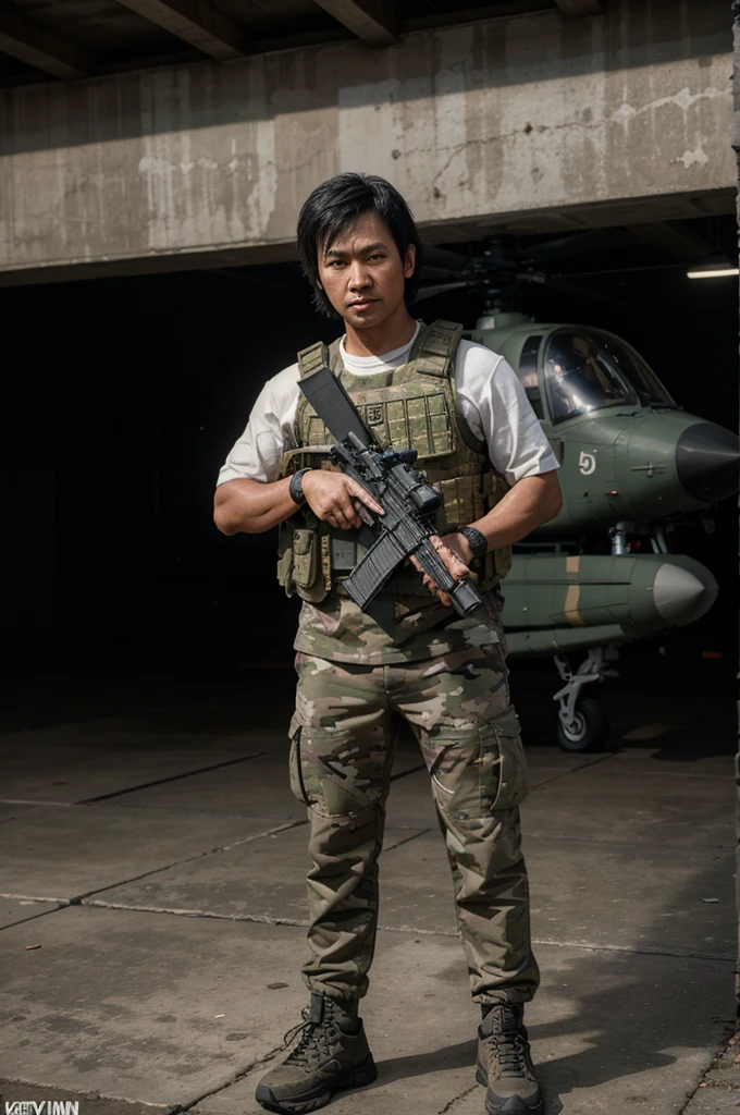stand in the middle, gaya 3D, disney gay, 8k, beautiful, Cute Indonesian baby boy (6 years) Soldier: Indonesian army camouflage,chest vest says "Keanu", short hair, fat body, holding a machine gun, wear a watch, fighter helicopter airport background, full body view, hyper detail , Very realistic, masterpiece, atmosphere, High resolution, Enthusiastic, high contrast, dark corner, 8k, HDR, 500px