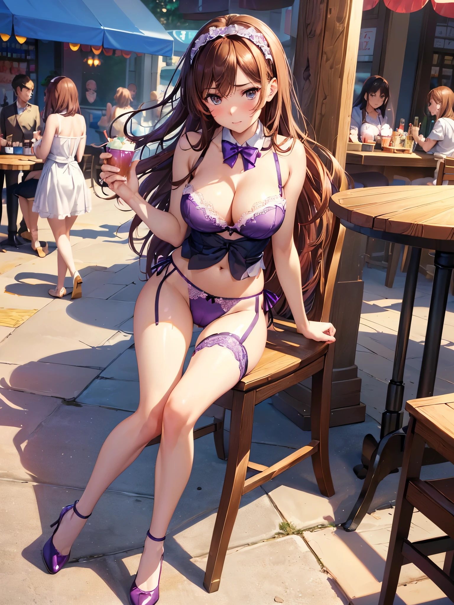 (((masterpiece, Highest quality, High resolution, 超High resolution, Perfect Pixel, Depth of written boundary, 4K, RTTX 10.0))), Beautiful Anime Women, Beautiful art style, Anime characters, ((Smooth texture, Realistic texture, Anime CG Style)), Exact finger count、Exact number of legs、(Exact number of arms:1.0, Exact number of hands:1.0), (Perfect hands, Perfect Anatomy), Cinematic, Realistic, Extremely detailed CG, Daytime lighting, Perfect lighting, Best Shadow, The best natural light, whole body, Perfect body, バランのとれたPerfect body, Perfectly balanced style, (Slender body:1.2), ((Long Hair, bangs, Reddish brown hair, Stylish hairstyle)), ((A cute woman is walking sexy:1.6)), ((Bow tie around neck, High heels:1.3), (Sexy and cute purple underwear:1.3), (Stylish shiny purple satin panties, Side-tie panties, The panties are plain purple in the center with lace decoration on the sides.:1.3), (Thin panties:1.3), (Purple micro lace satin bra, Lace-trimmed bra, Thin bra:1.3), (garter belt, Knee socks:1.3):1.3), (beautiful and very large breasts, Cleavage:1.1), Feeling embarrassed, (blush:1.2), (Very embarrassed look:1.4), (Stylish cafe, amusement park, Carry drinks, A busy store, Chair, table, Outdoor:1.3), naked, In underwear, Waitress in underwear, (Frilly maid-like headband:1.2), whole body, Angle from the front, chizuru