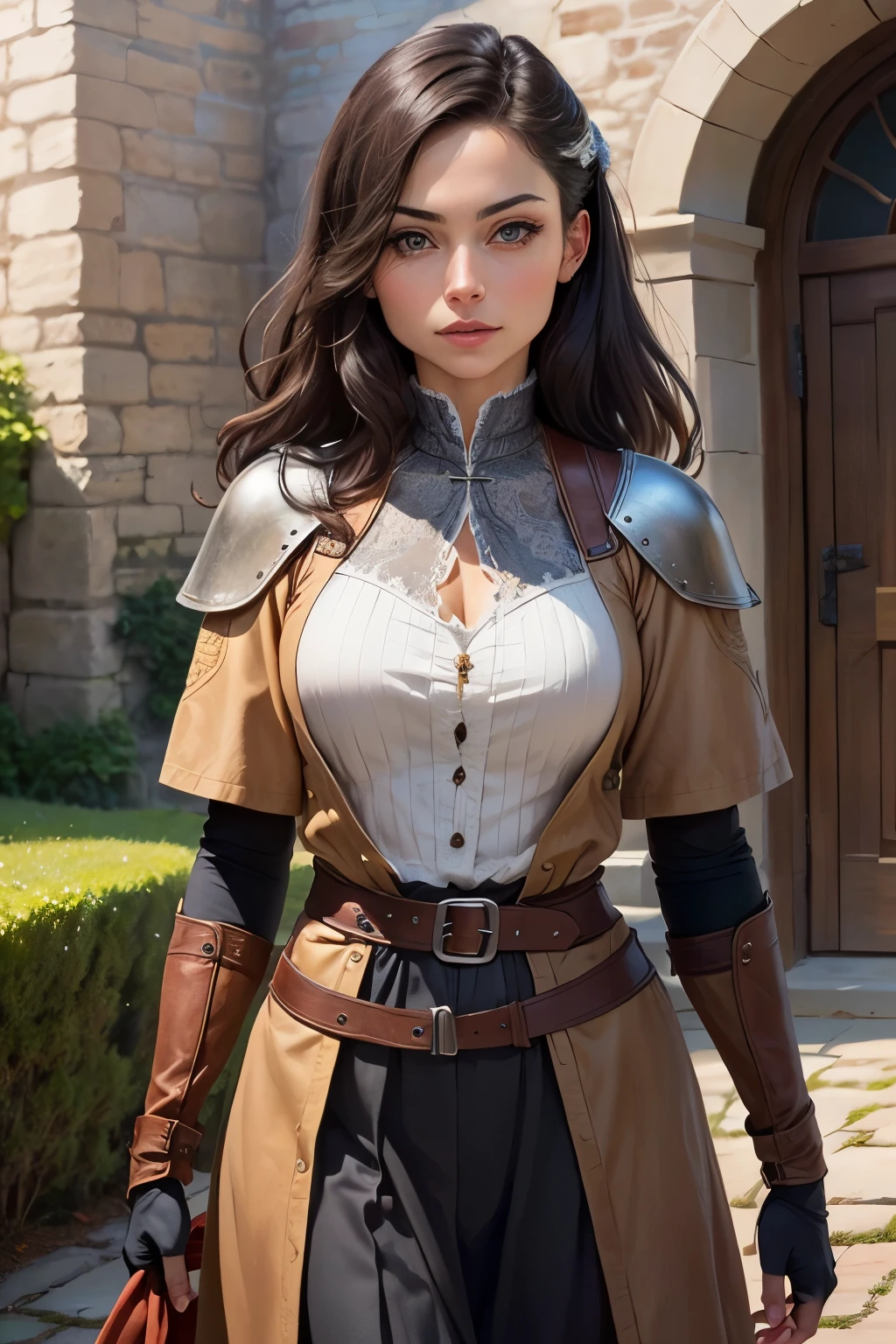 ((best qualityer)), ((work of art)), (detailded), 1 45 year old woman , adventurous medieval fantasy RPG ,face of Kristin Kreuk , Super detailded, lindo rosto detailded, lindos olhos detaildeds, beautiful detailed mouth, black hair, black hair com tranças, European peasant clothing ,commoner ,fully dressed, brown leather clothing, fully dressed, gray gauntlets, gray belts, in the background an old stone building, clear lighting, detailed shadows