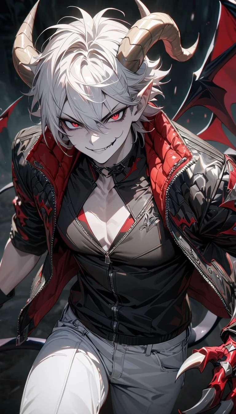 Adult guy, short white hair, red eyes, black eyes, pale skin, demon horns, demon tail, claws, smirk, black sleeveless jacket, open torso, white jeans, demon jacket, Masterpiece, best quality, Full HD, 8k, ultra details, great graphic