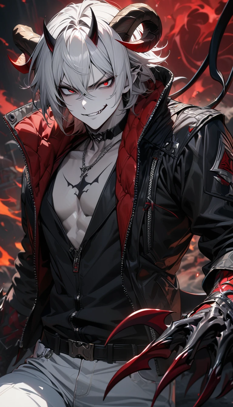 Adult guy, short white hair, red eyes, black eyes, pale skin, demon horns, demon tail, claws, smirk, black sleeveless jacket, naked torso, white jeans, demon jacket, Masterpiece, best quality, Full HD, 8k, ultra details, great graphic
